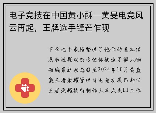电子竞技在中国黄小酥—黄旻电竞风云再起，王牌选手锋芒乍现